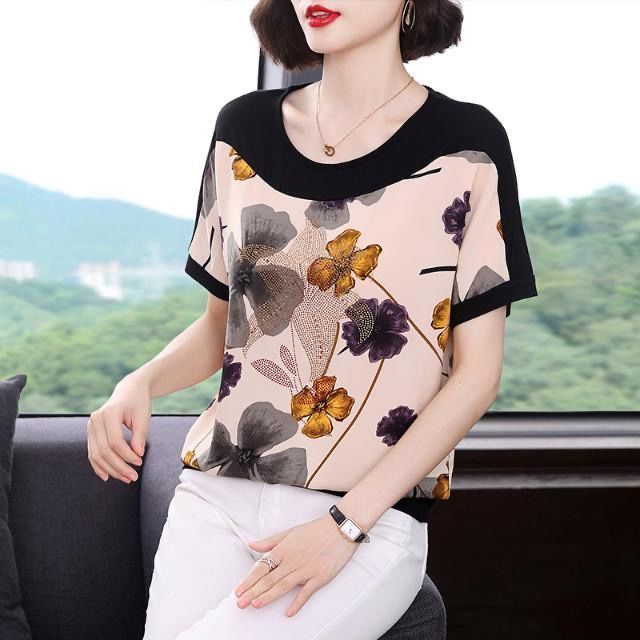 Áo thun tay ngắn cổ tròn dáng rộng in họa tiết thời trang mùa hè cho phụ nữ trung niên