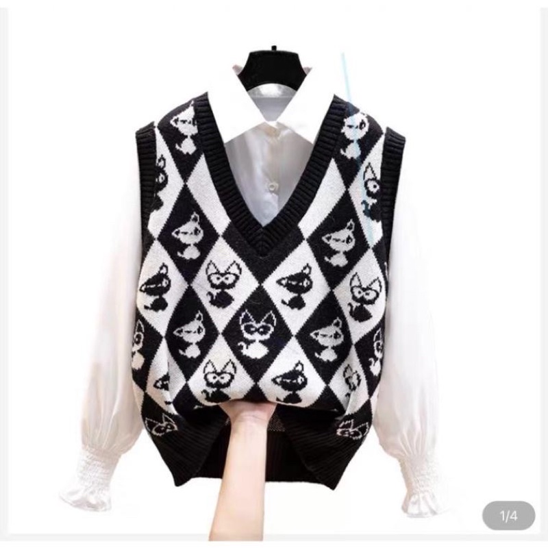 ÁO len nữ, áo gile họa tiết quả trám _Len ghi lê Áo Dệt Kim Không Tay Cổ Chữ V Phong Cách Retro Hàn Quốc | BigBuy360 - bigbuy360.vn