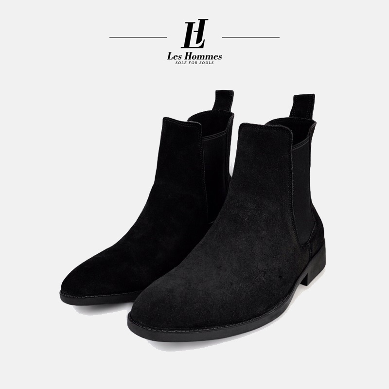 Giày nam chelsea boot cao cổ da bò thật Les Hommes size 39-43- Da lộn đen mũi nhọn LH05