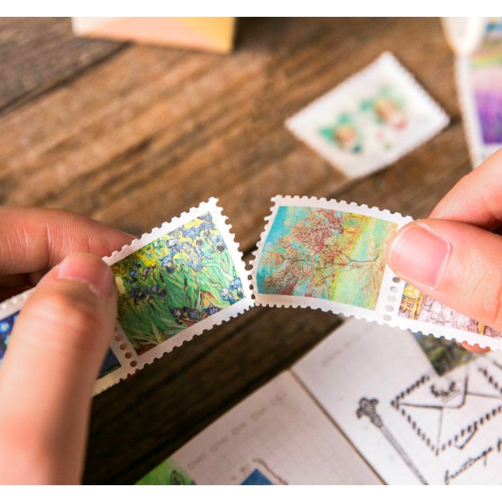 Cuộn stamp stickers/ sticker washi tape nhiều phong cách: cô gái dễ thương, vintage, tranh phong cảnh, tranh Van Gogh