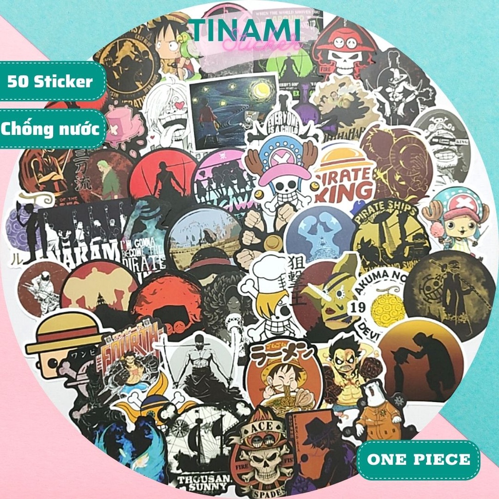 Bộ 50 Sticker One Piece hình dán chống nước bền màu dùng dán điện thoại laptop nón bảo hiểm xe máy balo