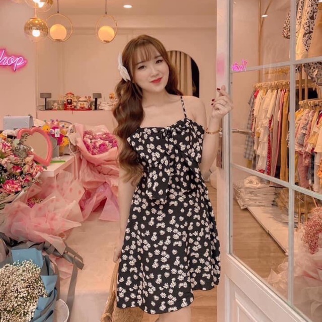 ĐẦM HOA CÚC 2 dây NƠ NGỰC