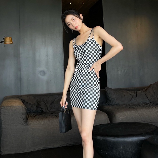 Korean checkerboard pattern printed slim bag hip sling dress women