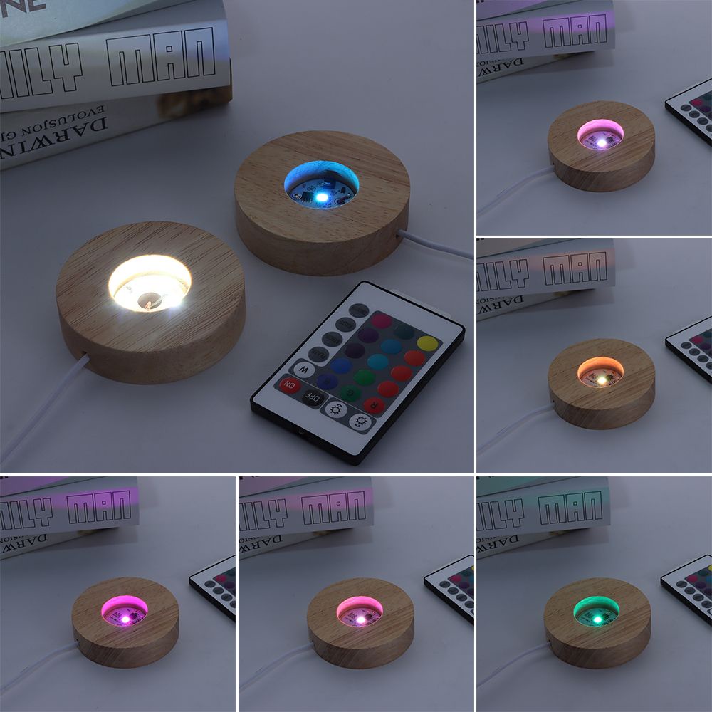 Đế phát sáng LED đế bóng pha lê điều khiển từ xa Giao diện USB 5V tròn gỗ rắn trang trí đèn ngủ đầy màu sắc gradient