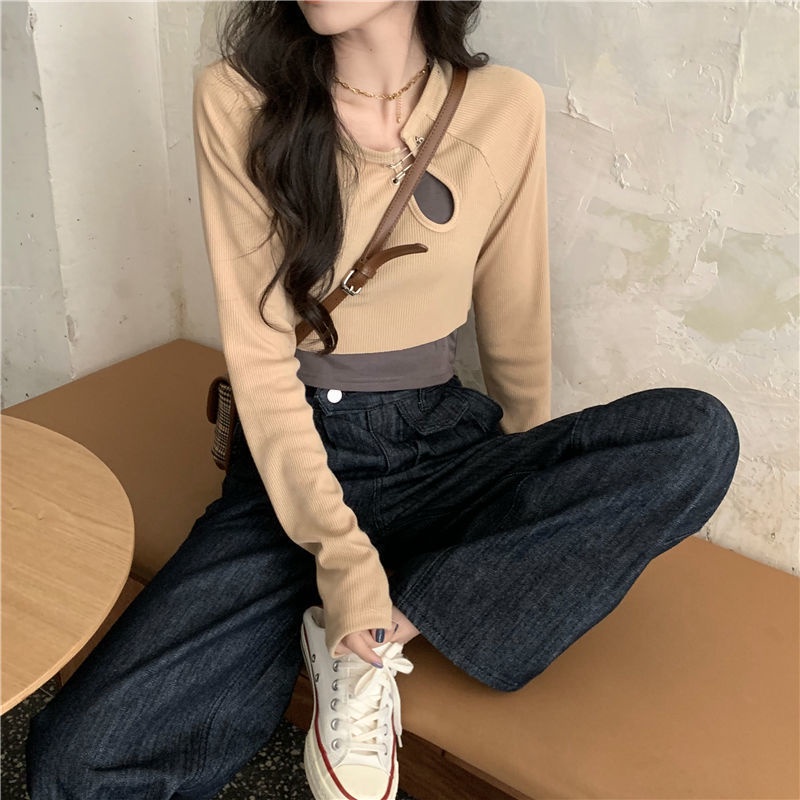 Áo Croptop Tay Dài + Áo Khoác Ghi Lê Xẻ Tà Thời Trang Hàn Quốc Cho Nữ