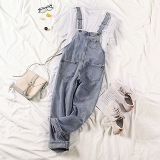 Quần yếm jeans lưng cao ống rộng phong cách Hàn Quốc xinh xắn cho nữ