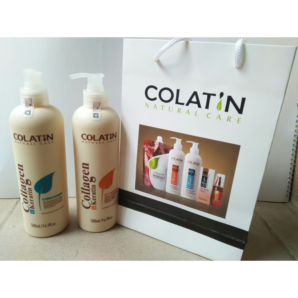 Cặp dầu gội, dầu xả Colatin Collagen và Keratin 500ml dành cho tóc hư tổn, khô xơ với dưỡng chất tơ tằm