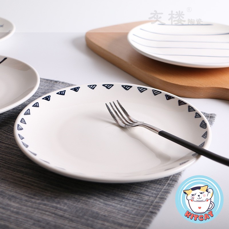 Đĩa sứ trắng hoạ tiết ngộ nghĩnh decor bàn ăn dày, phòng bếp dày dặn cao cấp SIZE LỚN 21CM - loại nông KITCAT STORE