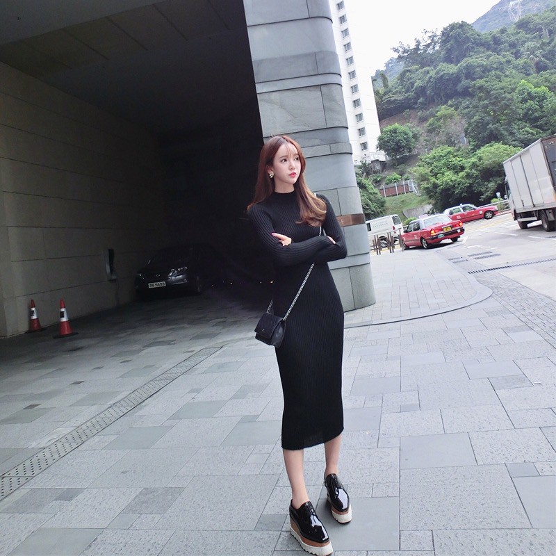 Váy len body, váy len tăm cổ 3 phân, dáng ôm qua gối, chất len dày dặn | BigBuy360 - bigbuy360.vn