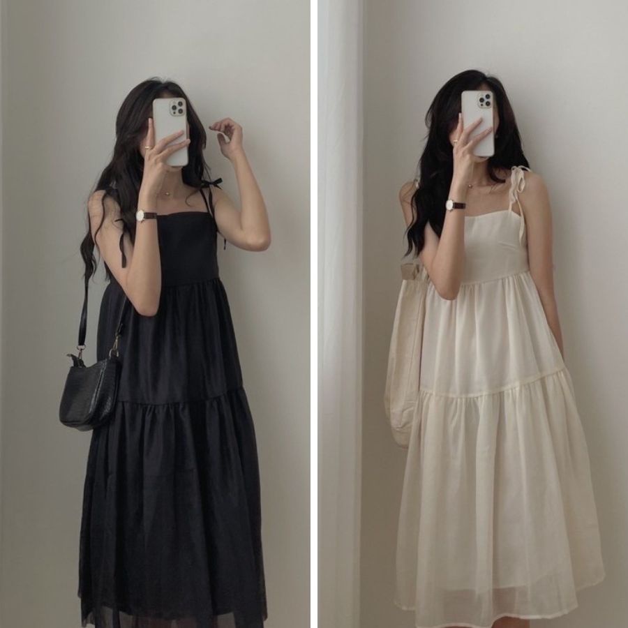 Váy maxi đi biển đi chơi 2 dây voan tơ 3 tầng bồng bềnh, Đầm 2 dây voan tơ 3 tầng DÂY BUỘC NƠ VAI babydoll.