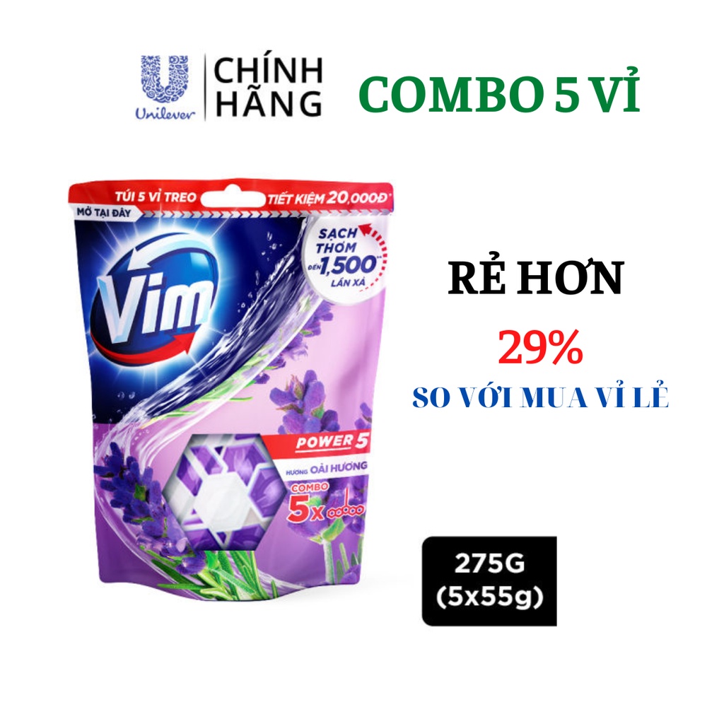 Combo 5 vỉ tẩy bồn cầu Vim Power 5 Hương Lavender 275G (5x55G)