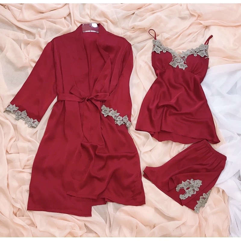 Set hai dây đùi lụa + áo choàng lụa satin cao cấp quảng châu