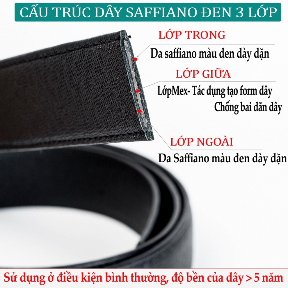 Thắt lưng nam da saffiano cao cấp Bụi leather - L106, 3 lớp màu đen, mặt khóa tăng tự động thép không gỉ, BH 12 tháng - 