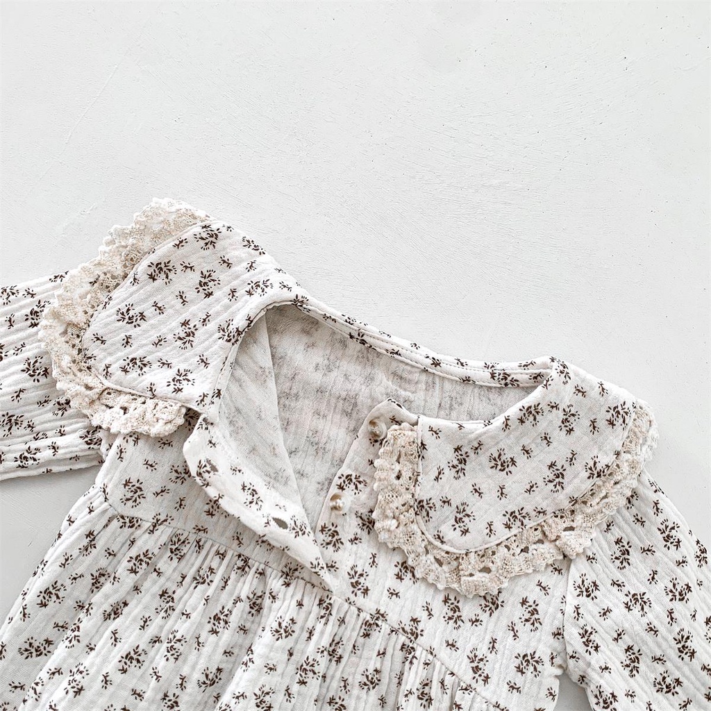 Bộ Áo Liền Quần Tay Dài Cổ Búp Bê + Mũ Vải Cotton In Hoa Xinh Xắn Cho Bé Gái Từ 0-2 Tuổi