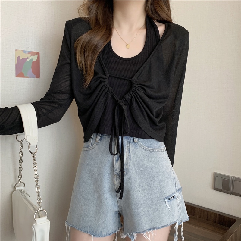 SUXI Áo Kiểu Tay Dài Cổ Chữ V Phối Dây Rút Mỏng Chống Nắng Phong Cách Hàn Quốc Thời Trang Mùa Hè Cho Nữ