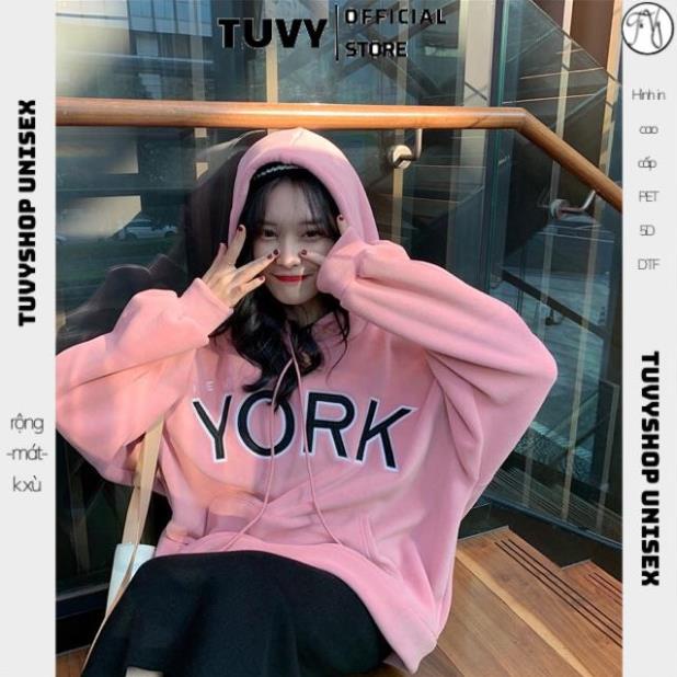 Áo Hoodie Nữ TUVY Áo Hoodie Vải Nỉ Lót Bông Dày Dặn Thêu York Unisex Form Rộng