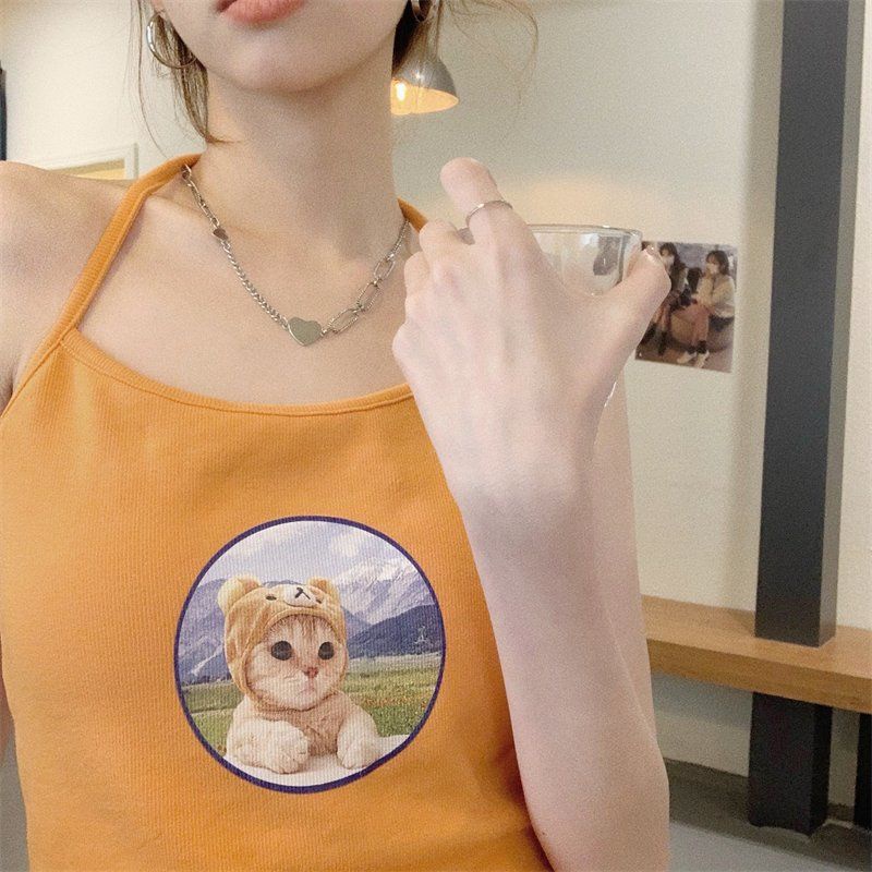 Áo Hai Dây In Hình Mèo Quyến Rũ Phong Cách Hàn Quốc Cho Nữ