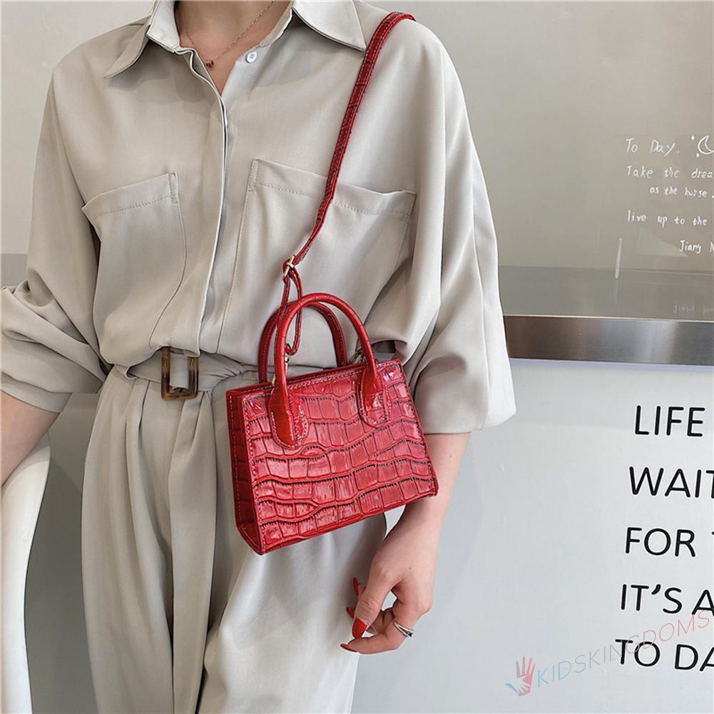 【Big Sale】Retro Women Alligator Pattern Pure Color PU Shoulder Bag Top-handle Handbag