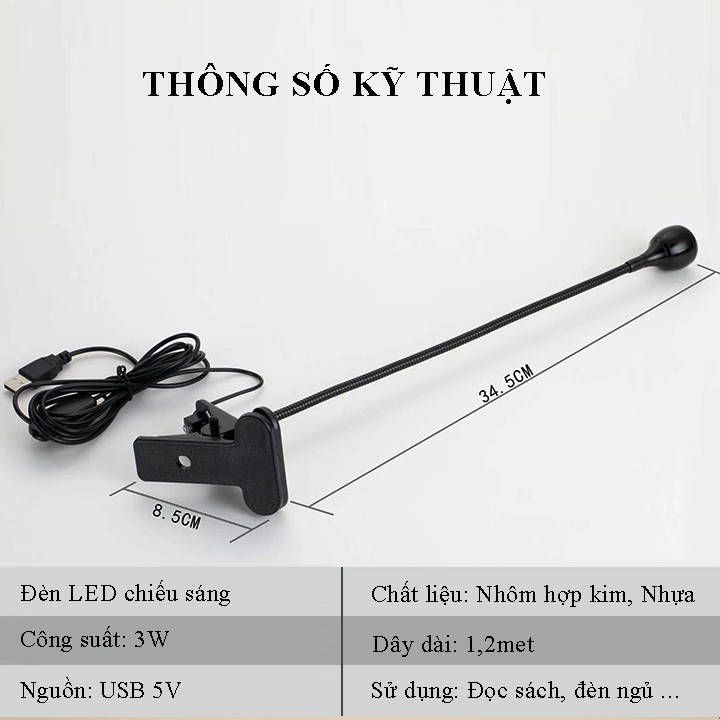 Đèn đọc sách Led 3W USB có kẹp đa năng tích hợp đèn ngủ đầu giường