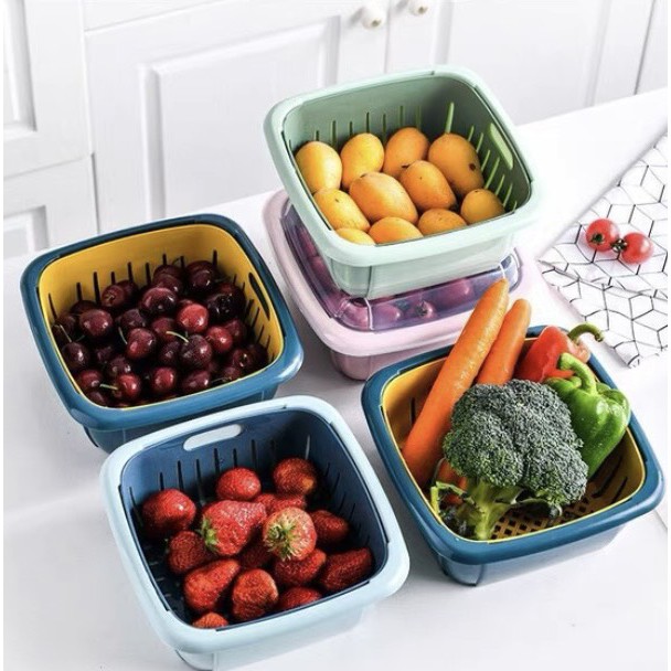 Set rổ nhựa 3 chi tiết có rổ, chậu và nắp đậy. Bảo quản thực phẩm, hoa quả mà không lo mất nước