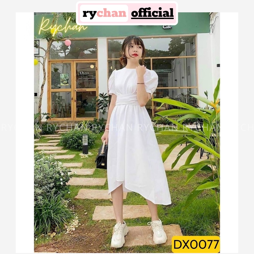 Đầm Xòe Midi Trắng Tay Phồng Nơ Lưng Lệch Tà Lót Trong Dày Dặn [Ảnh Thật Cuối] - DX0077