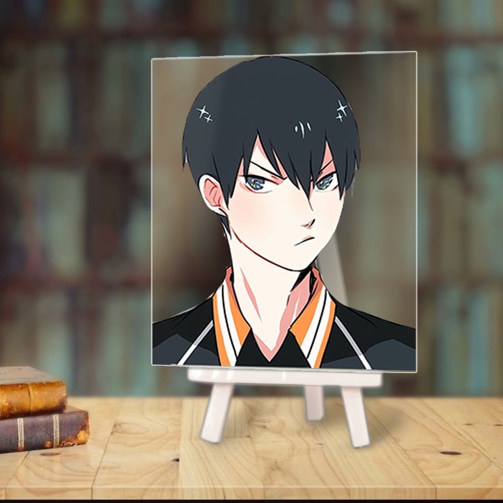 Tranh kính HAIKYUU Vua Bóng Chuyền anime chibi acrylic mica trong trưng bày trang trí góc học tập giá gỗ