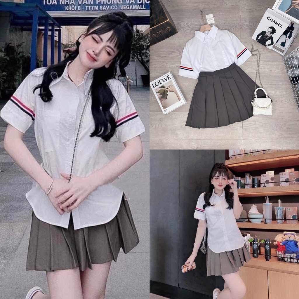 Set Trang Phục Nữ Áo Sơ Mi Tay Cộc + Chân Váy Xòe Xếp Ly Năng Động