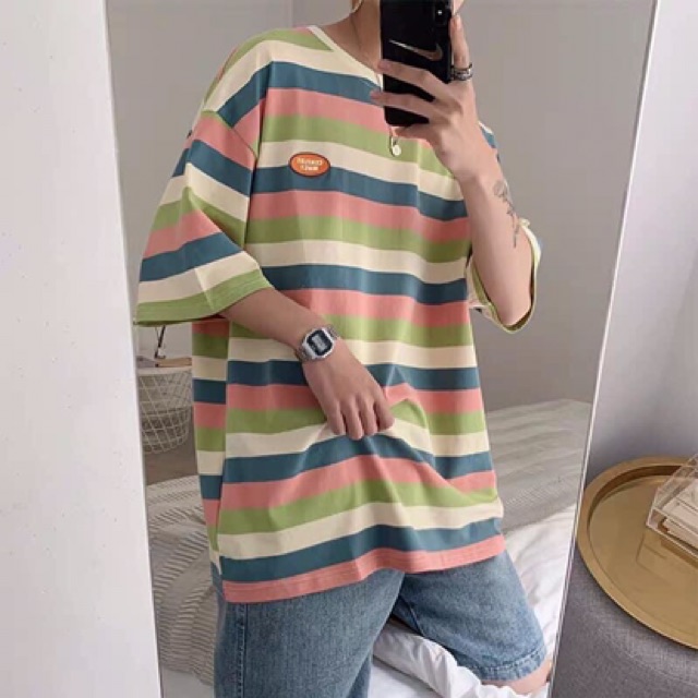 (Ảnh thật)❌ Áo thun unisex sọc ngang in hình màu pastel ❌