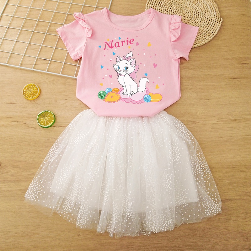 Bộ 2 Món Áo Thun Tay Cánh Hoa Mềm Mại + Chân Váy Chữ A Phối Lưới Thời Trang Cho Bé Gái