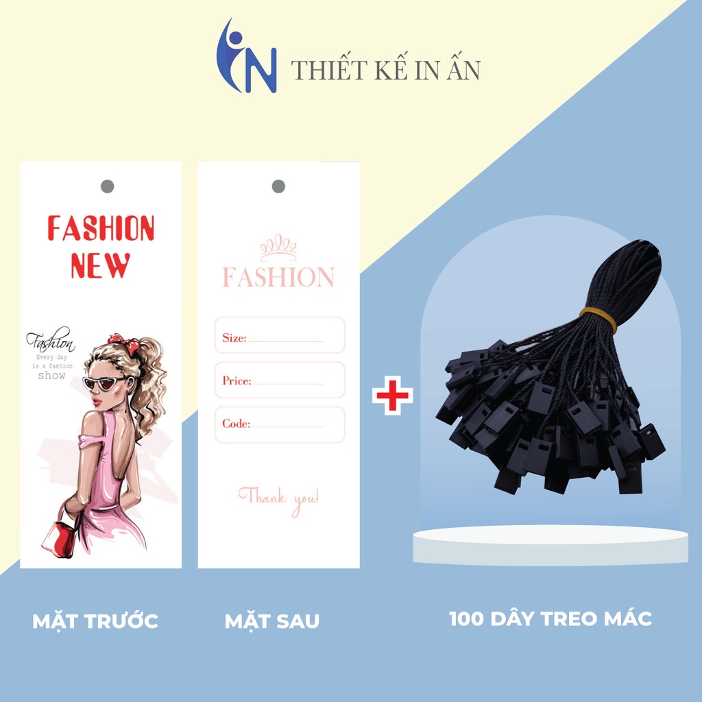 Mác quần áo100 mác + 100 Dây Treo Thẻ Bài Mác quần áo, Tag Nhãn quần áo, THIẾT KẾ IN ẤN cho shop quần áo, bìa cứng