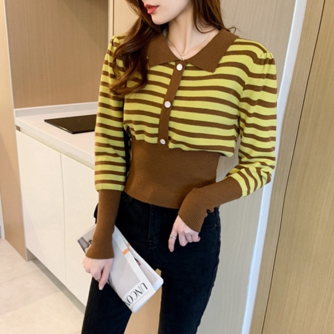 【ZHELIHANGFEI】Áo Sweater Cổ POLO Tay Dài Ôm Eo Họa Tiết Kẻ Sọc Phong Cách Sang Trọng