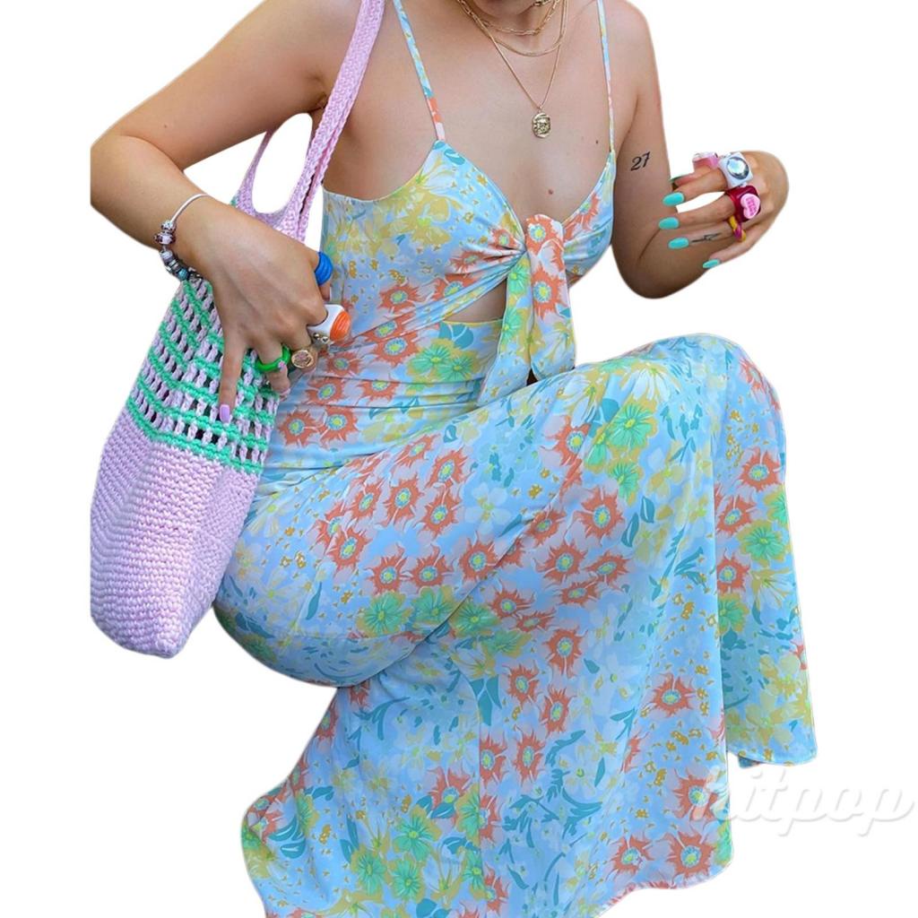 Hitpop-Women Sexy Slit Dress, Blue Floral Printed Pattern Deep V-neck Sleeveless One-piece, S/ M/ L/ XL