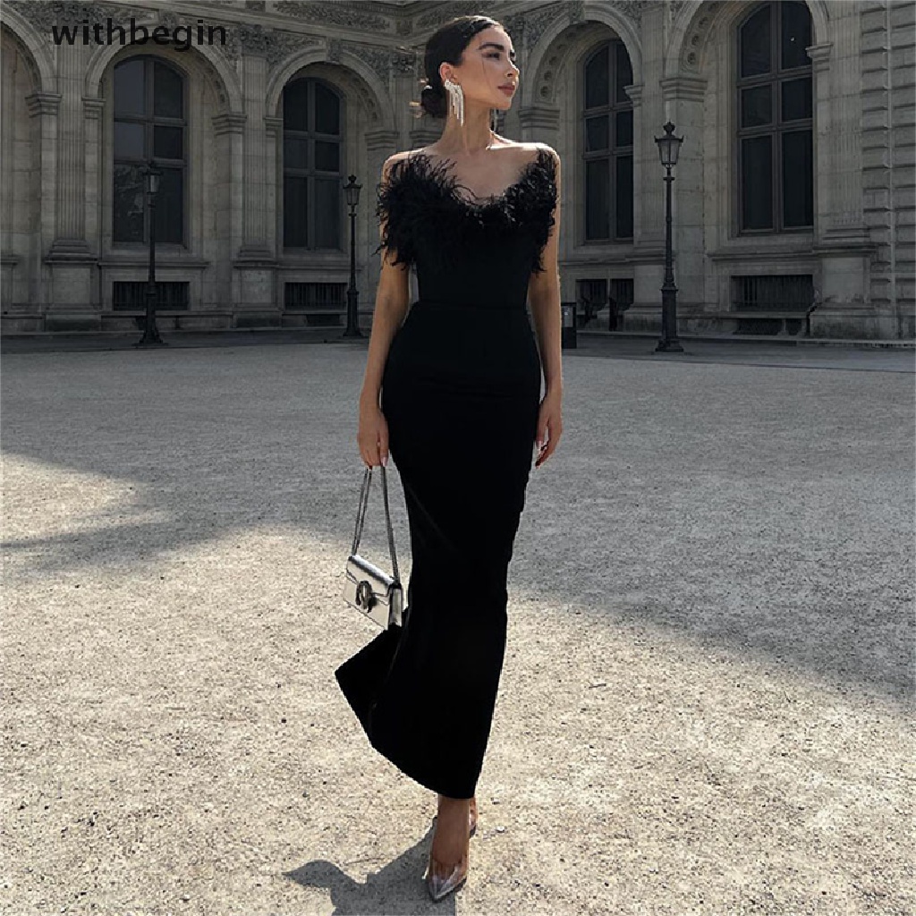 Đầm Ôm Dáng Không Dây Hở Lưng Phối Lông Vũ Quyến Rũ Thời Trang Mùa Hè Cho Nữ