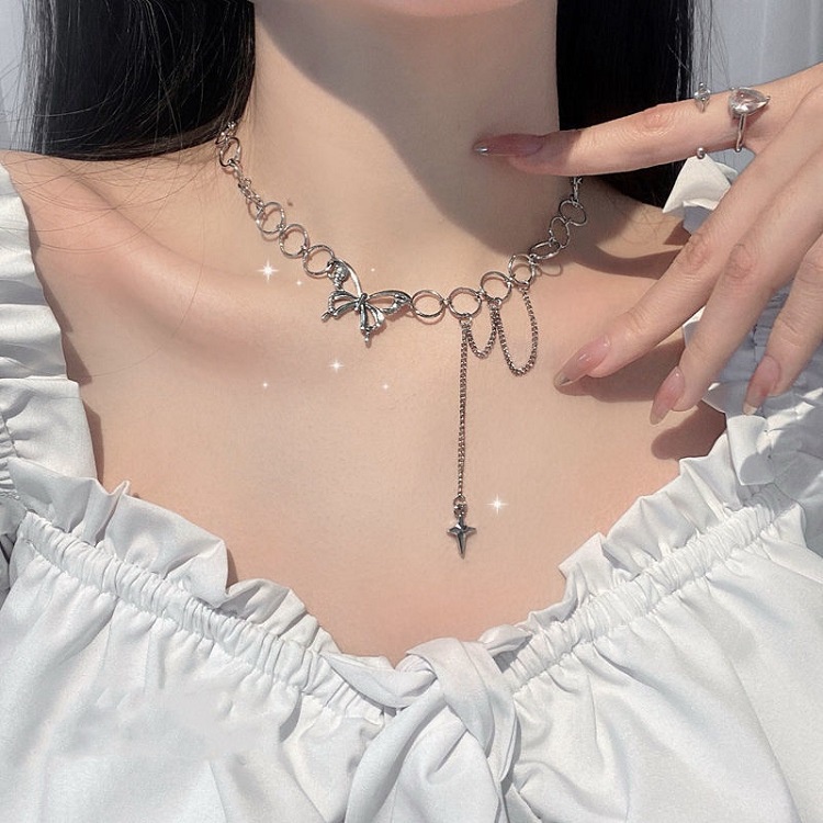 ❤zheting❤Vòng cổ xương đòn zhenting chuỗi rỗng hình tròn mặt bướm phối tua ngôi sao phong cách hip hop cho nữ