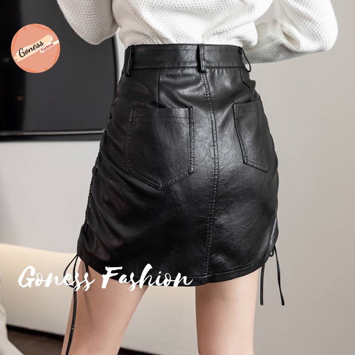 Chân váy Goness kiểu rút dây 2 bên dáng ngắn chất liệu da nữ body nhún hông ulzzang | BigBuy360 - bigbuy360.vn