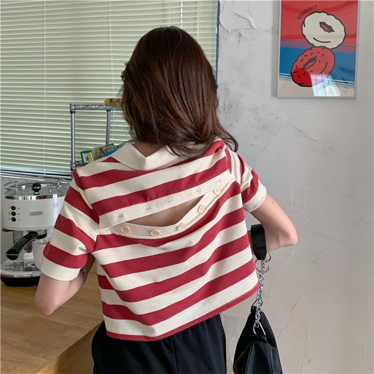 Áo Polo Xiaozhainv Dạng Croptop Ngắn Tay Họa Tiết Sọc Phối Cúc Kiểu Vintage Hàn Quốc Cho Nữ