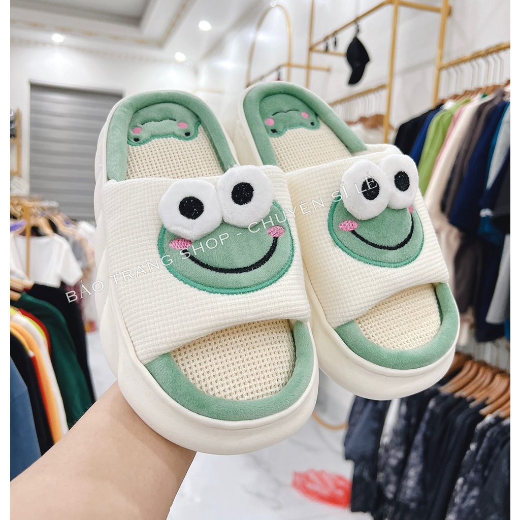 Dép bánh mì nữ, dép phối vải thêu hình con ếch củ cà rốt đế độn siêu nhẹ chất liệu EVA size kép 36-41