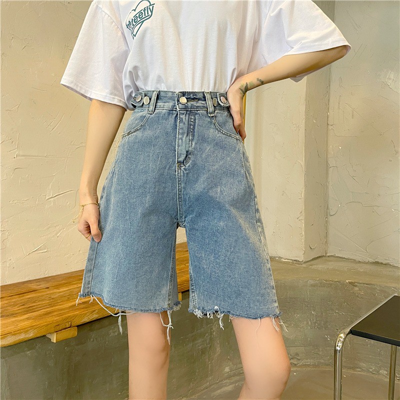 Korean women's high waist slimming denim shorts with raw edges