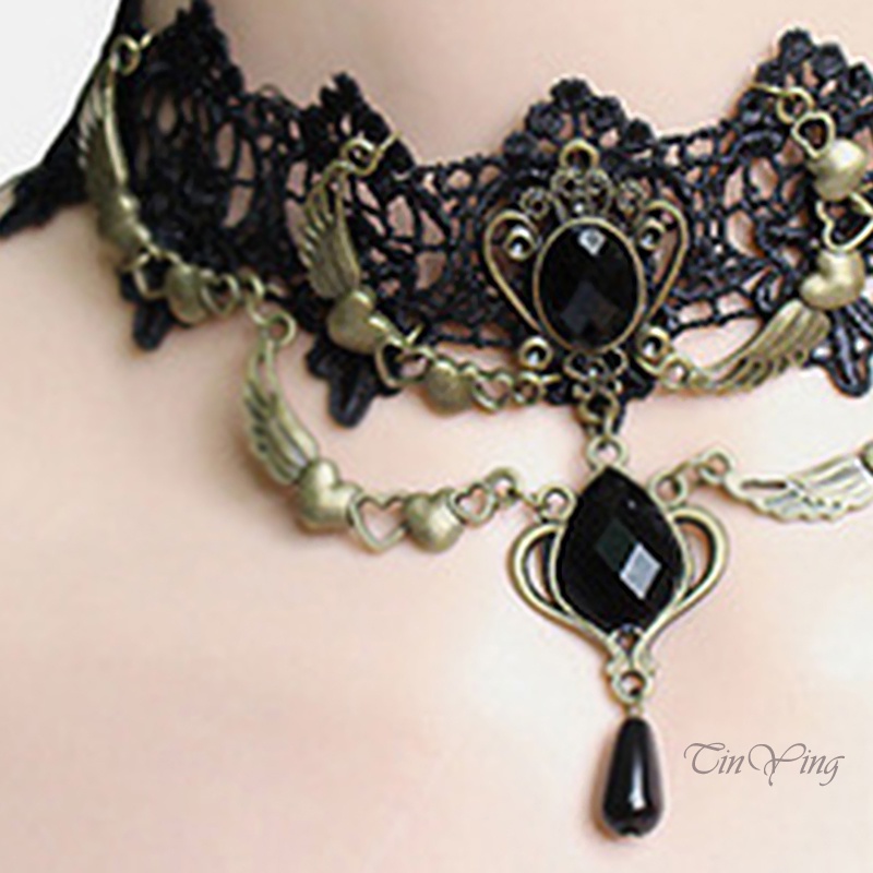 GETNOIVAS Dây chuyền choker phối ren đính đá quý nhân tạo phong cách cổ điển cho nữ