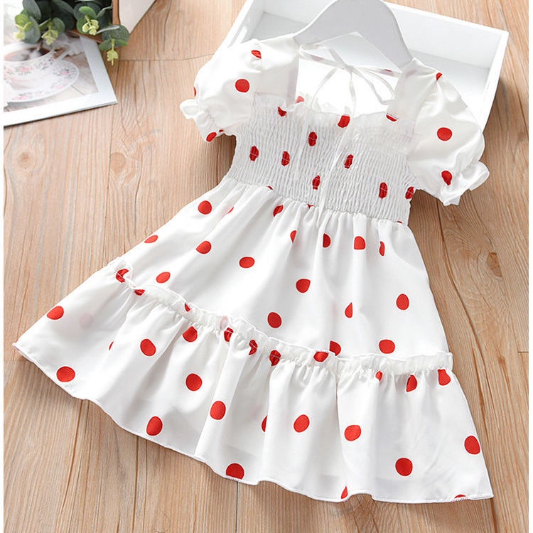 Đầm công chúa tay ngắn phối ren họa tiết chấm bi dễ thương thời trang mùa hè cho bé gái