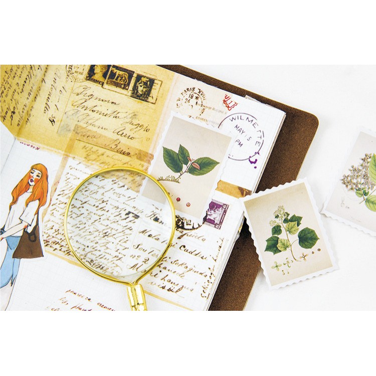 Hộp 45 miếng sticker mẫu tem thực vật xanh