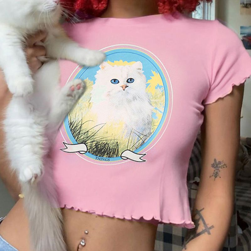 Áo Thun Crop Top Tay Ngắn Phối Bèo Màu Sắc Tươi Sáng In Họa Tiết Mèo Đáng Yêu Thời Trang Mùa Hè Cho Nữ