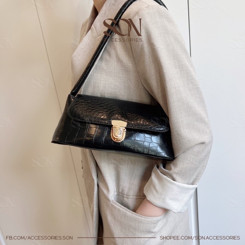 Túi xách nữ đeo vai kẹp nách da cá sấu/da trơn cài khóa son.accessories