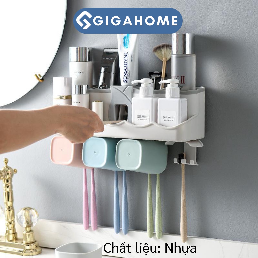 Bộ Nhả Kem Đánh Răng Tặng Kèm 4 Cốc GIGAHOME Có Giá Treo Bàn Chải, Kệ Để Đồ 8149