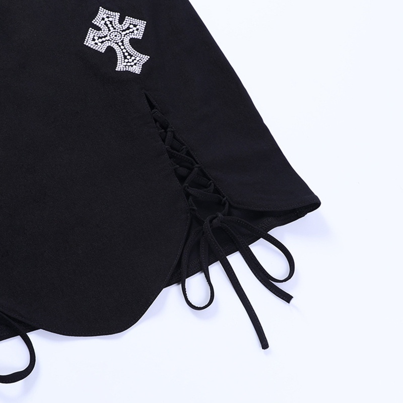 Brroa Chân Váy Mini Lưng Cao Xẻ Tà Cột Dây Họa Tiết Chữ Thập Phong Cách Gothic Vintage Harajuku Gợi Cảm Đi Tiệc Tối Màu Cho Nữ