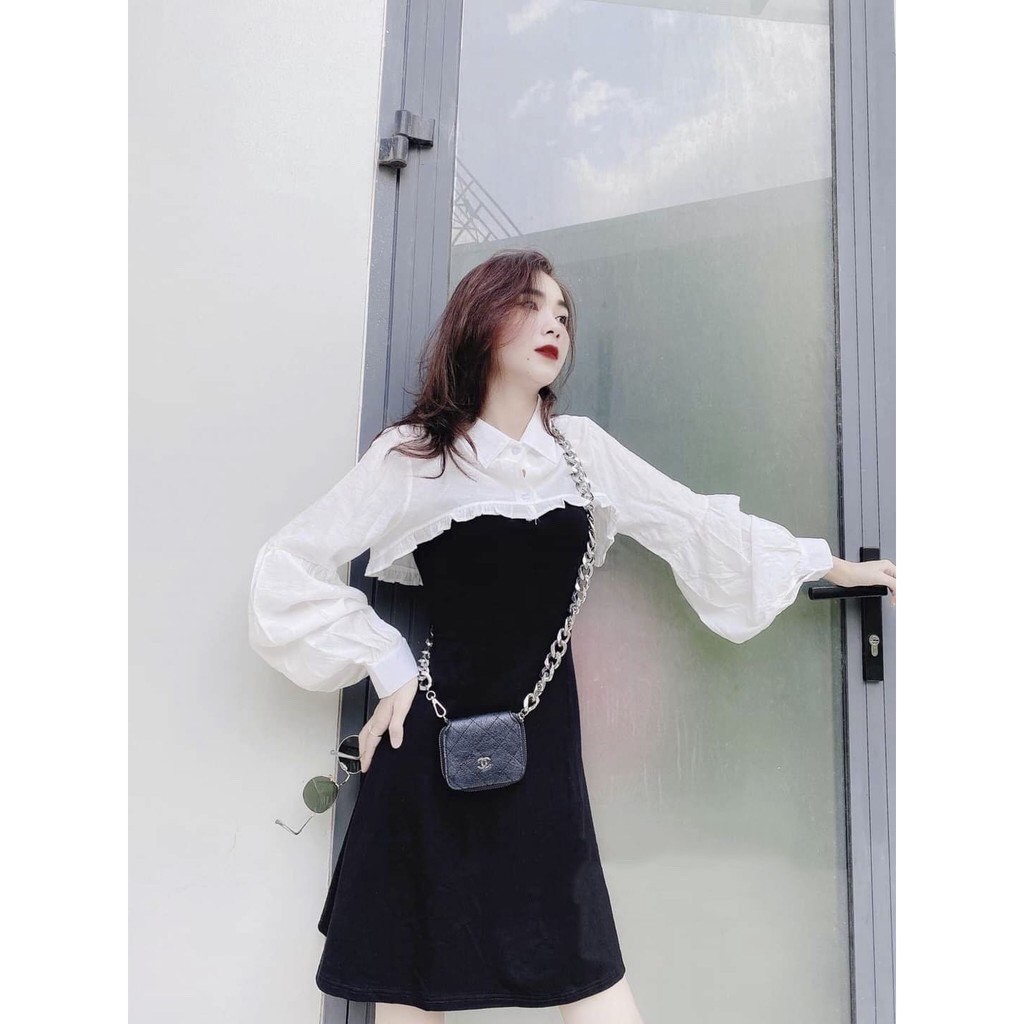 Set áo croptop sơ mi bèo trắng dài tay mix váy 2 dây xòe thời trang nữ diện thu Set23 | BigBuy360 - bigbuy360.vn