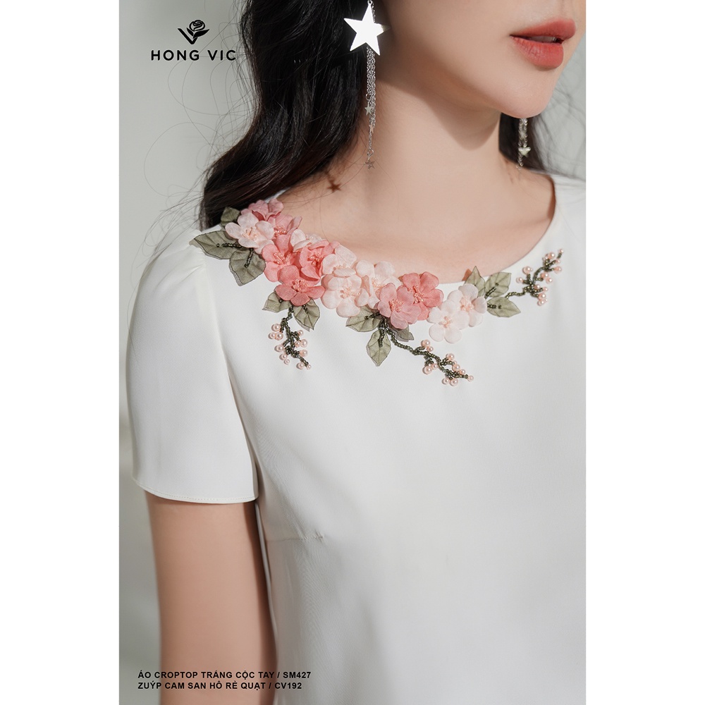 Áo nữ thiết kế Hong Vic croptop trắng cộc tay SM427