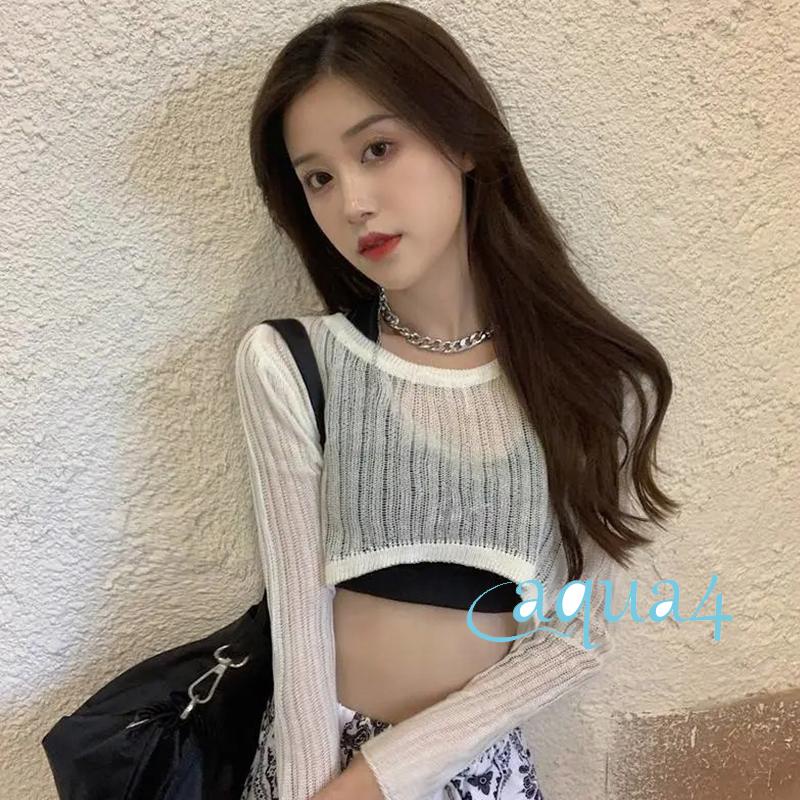 Áo Croptop Dệt Kim Tay Dài Cổ Tròn Màu Trơn Thời Trang Đi Biển Mùa Hè