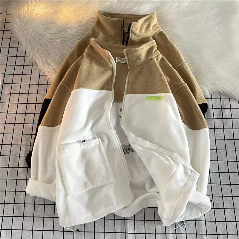 Áo Khoác Hoodie Dáng Rộng Phối Khóa Kéo Kiểu Retro Đường Phố Mỹ Cá Tính