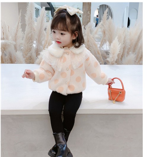 Áo khoác lông lót nhung bé gái size 8-15kg họa tiết chấm tròn chất siêu đẹp AK11